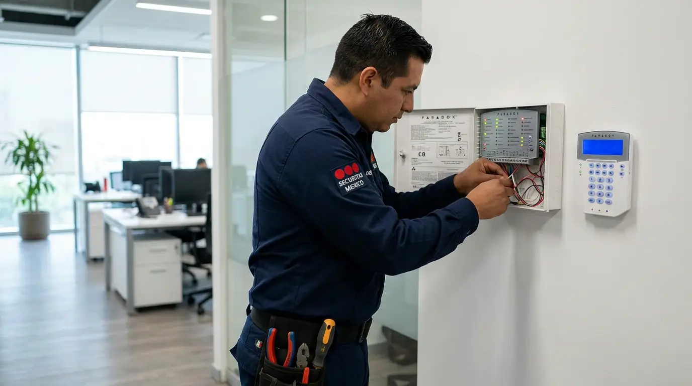 Técnico instalando panel de alarma de seguridad en empresa CDMX — Skynet Security