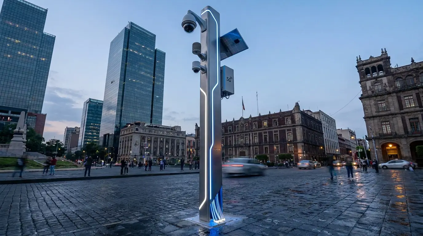 Poste inteligente con cámara, sensores y conectividad para ciudades inteligentes en CDMX — Skynet Security