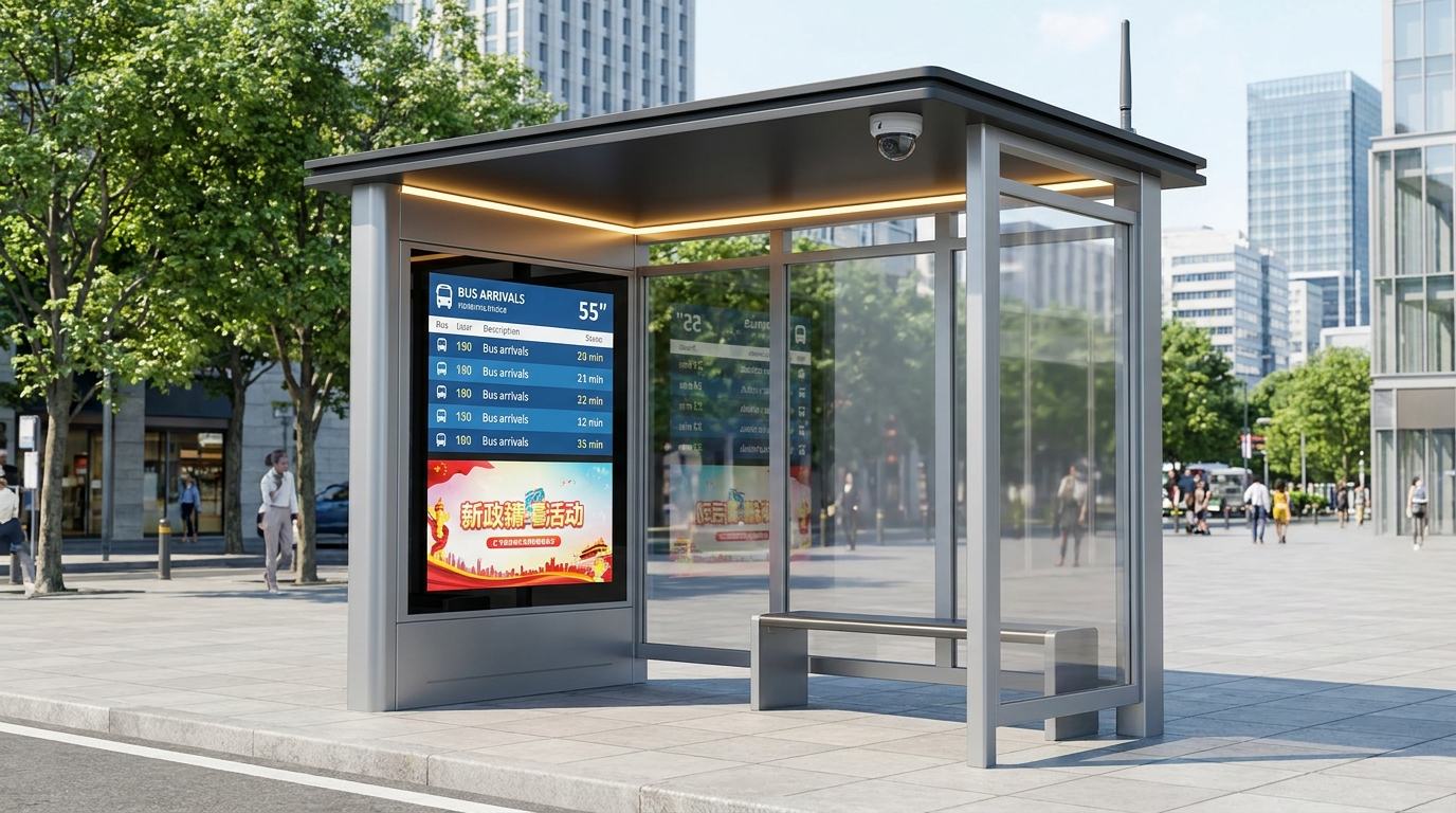Parada de autobús inteligente con pantalla LED y módulos de seguridad