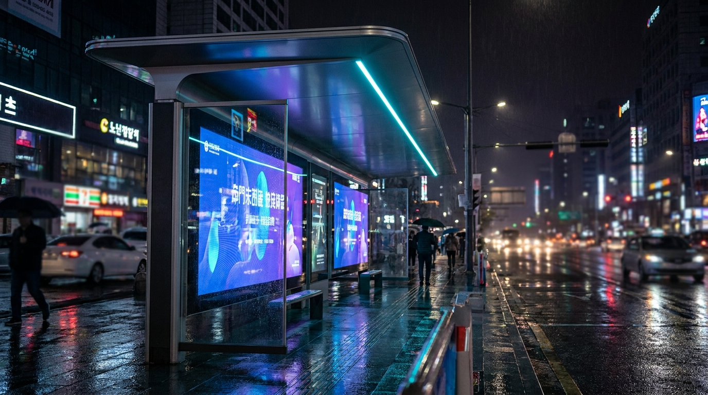 Parada inteligente iluminada de noche con pantallas LED encendidas